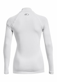 Long-sleeve athletic shirt in white, featuring a high collar, smooth texture, lightweight material, and a small logo at the back.