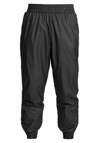 Svarta, lätta joggingbyxor med elastisk midja, justerbara benslut, slät textur och en enkel, funktionell design.