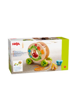 Houten trek speelgoed met bloem- en insectenmotieven, groene wielen en oranje touw, voor kinderen vanaf één jaar.