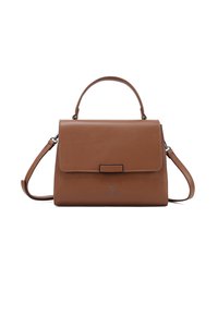 Borsa a mano in pelle marrone con un design strutturato, manico superiore, tracolla regolabile e una patta frontale con chiusura in metallo.