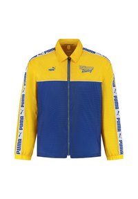 Kurtka wyścigowa Puma Williams, z żółto-niebieskim wzorem w blokach kolorystycznych, z zamkiem błyskawicznym oraz akcentami logo na rękawach i przodzie.