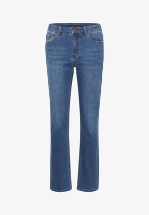Blå denimjeans med rak ben-design, åtsittande midja, bälteshällor, fem fickor och en liten brun knapp vid midjan.