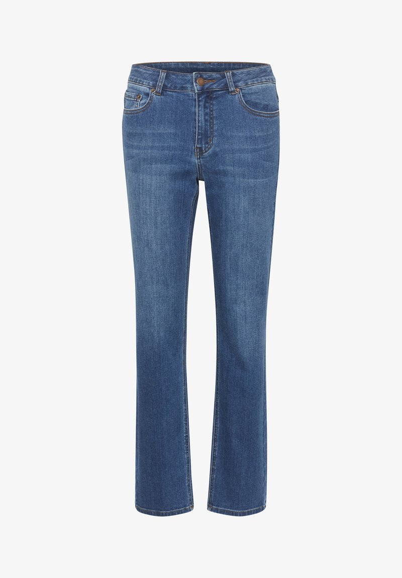 Mėlynos džinsinės kelnės su tiesių kojų dizainu, pritaikyta liemenį, diržo kilpos, penkios kišenės ir mažas rudas mygtukas liemenyje.