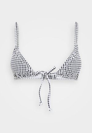 Black and white gingham triangle bikini top with adjustable tie front, thin straps, and smooth fabric texture.