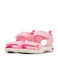 Rosa nät-sandaler med en mjuk tygövre, justerbara Velcro-remmar, öppen tå-design och en vit vadderad sula.