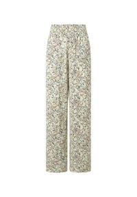 Pantalones de pierna ancha hechos de un tejido ligero con un fondo crema, decorados con un patrón de paisley floral en tonos azules y coral. Cintura elástica.