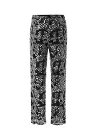 Black straight-leg pants covered in silver sequins with a floral lace pattern and scalloped hem.
