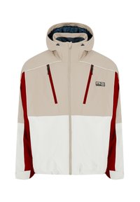 Windbreaker jas in beige, wit en rood. Voorzien van ritszakken, verstelbare trekkoorden en een capuchon. Gladde textuur met gekleurd blokontwerp.