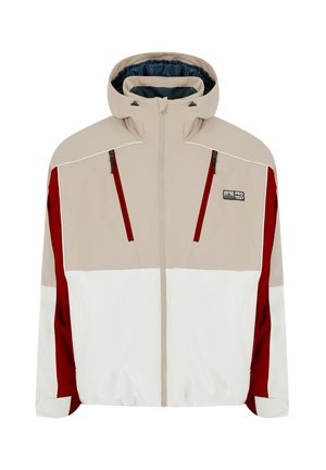 Windbreaker jas in beige, wit en rood. Voorzien van ritszakken, verstelbare trekkoorden en een capuchon. Gladde textuur met gekleurd blokontwerp.