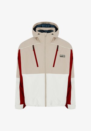 Windbreaker-Jacke in Beige, Weiß und Rot. Mit Reißverschlusstaschen, verstellbaren Kordeln und Kapuze. Glatte Textur mit Farbblock-Design.