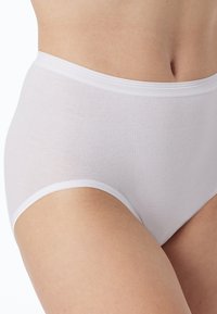 Nahaufnahme einer Person, die schlichte weiße, hoch taillierte Baumwollunterwäsche trägt, wobei Taille, Hüften und obere Oberschenkel zu sehen sind.