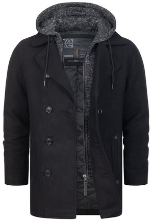 Schwarzer zweimal geknöpfter Mantel mit einer gesteppten Innenschicht und einer angenähten grauen Strickkapuze, die über Schnürzüge und einen Reißverschluss im Inneren verfügt.