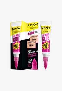 NYX Professional Makeup Brow Glue in een tube van 0,23 fl oz met een roze nozzle en een ingebouwde kam. De verpakking heeft gele en zwarte accenten.