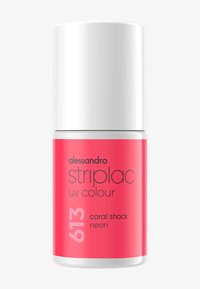 Korallenroter Nagellack-Flasche mit weißem Deckel; beschriftet "alessandro striplac UV-Farbe 613 coral shock neon" in schwarzer Schrift.