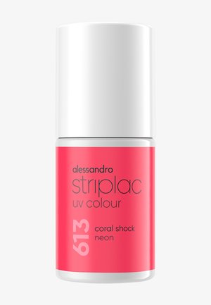 Bottiglia di smalto per unghie rosa corallo con cappuccio bianco; etichettata "alessandro striplac UV colour 613 coral shock neon" in testo nero.