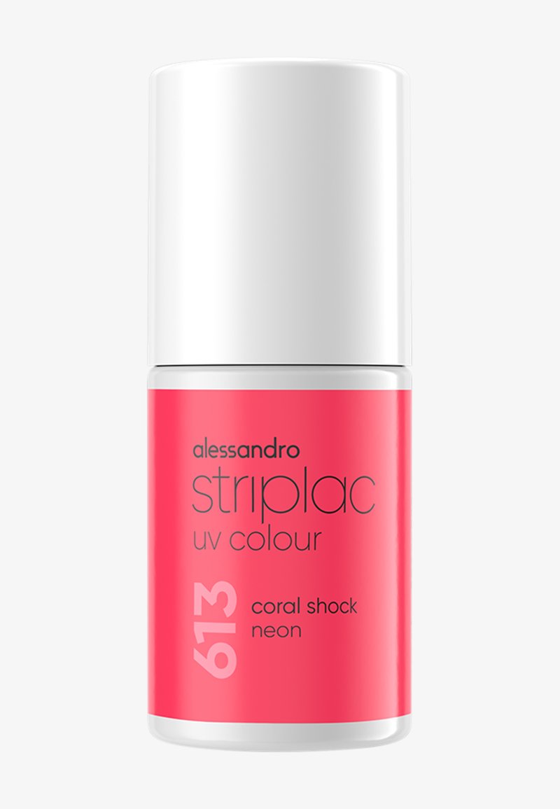Korallenroter Nagellack-Flasche mit weißem Deckel; beschriftet "alessandro striplac UV-Farbe 613 coral shock neon" in schwarzer Schrift.