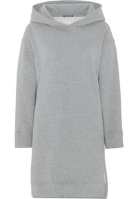 Abito felpa grigio con cappuccio e maniche lunghe, realizzato in un tessuto spesso e morbido. Presenta una vestibilità comoda e spacchi laterali sull'orlo.
