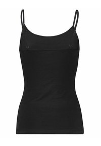 Black sleeveless tank top made of soft material, featuring thin adjustable straps and a fitted design with a smooth texture.