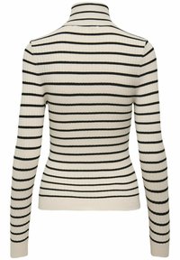 Ribbed turtleneck sweater in beige with black horizontal stripes. Fitted design with long sleeves and a structured collar.
