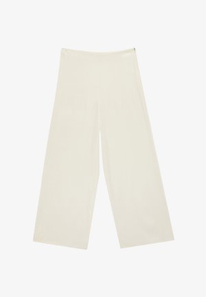Kremowe spodnie o szerokiej nogawce z wysokim stanem i bocznym zamkiem, charakteryzujące się czystym, minimalistycznym designem bez widocznych kieszeni i ozdób.