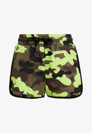 Zöld és barna álcázott rövidnadrág, húzózsinórral a deréknál, puha anyagból készült, fekete díszítéssel az oldalán.