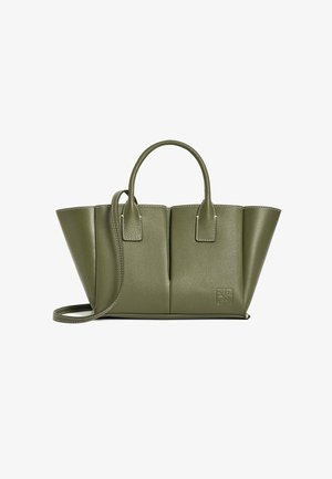 Borsa a mano in pelle verde oliva con un design strutturato, dotata di due manici corti, una tracolla rimovibile e dettagli distintivi sui pannelli.