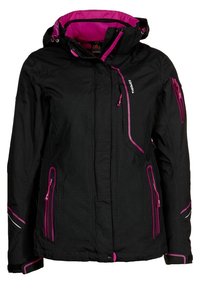 Giacca nera con dettagli rosa, dotata di cappuccio, numerose tasche con zip e una texture resistente. Progettata per offrire calore e protezione dagli agenti atmosferici.