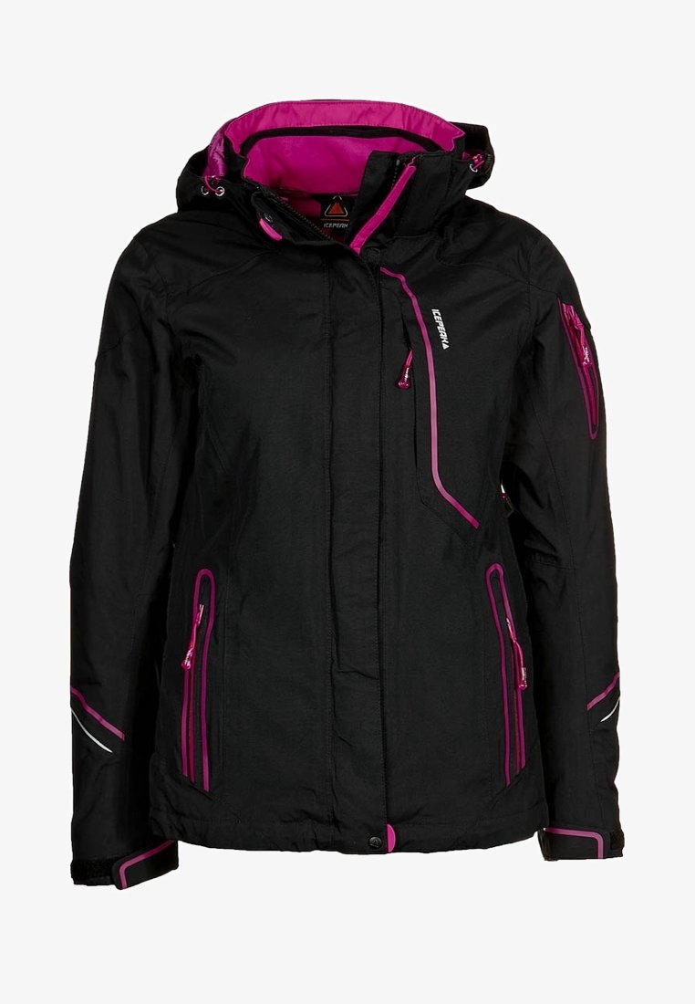 Giacca nera con dettagli rosa, dotata di cappuccio, numerose tasche con zip e una texture resistente. Progettata per offrire calore e protezione dagli agenti atmosferici.