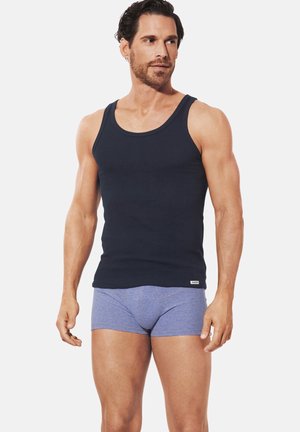Navy tank top made of soft material, featuring a round neckline. Paired with light blue boxer briefs. Smooth texture, fitted design.