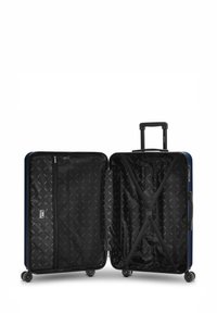 Valigia rigida blu navy con quattro ruote, aperta per mostrare l'imbottitura interna nera, il compartimento con cerniera e le cinghie incrociate regolabili.