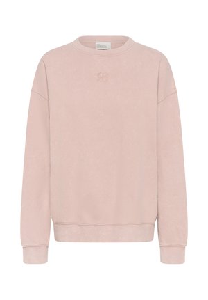 Svjetloružičasta majica s okruglim izrezom, dugim rukavima, rebrastim rubovima na rukavima i rubu majice te s malim izbočenim logotipom u sredini ispod izreza.