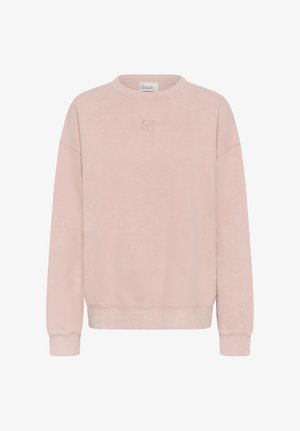 Hanorac roz deschis cu guler rotund, mâneci lungi, manșete și tiv striate, și un mic logo embosat centrat sub decolteu.