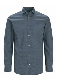 Camicia a maniche lunghe blu navy con un motivo geometrico bianco, chiusura con bottoni sul davanti e colletto classico. Realizzata in tessuto leggero e morbido.