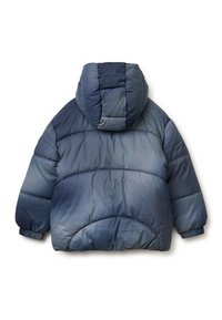 Giacca invernale imbottita in gradiente blu, con cappuccio, design trapuntato, polsini elasticizzati e orlo posteriore arrotondato per un'ulteriore isolamento.