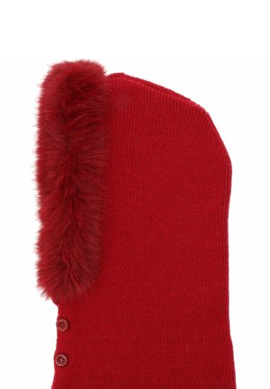 Rode gebreide accessoire met nep bont aan één kant en drie rode knopen langs de rand voor sluiting. Zachte textuur en warme uitstraling.