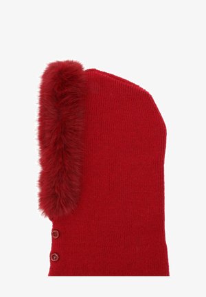 Rode gebreide accessoire met nep bont aan één kant en drie rode knopen langs de rand voor sluiting. Zachte textuur en warme uitstraling.