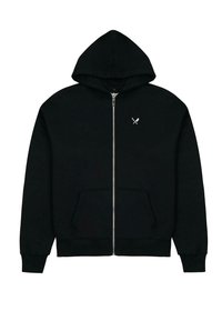 Felpa nera con zip realizzata in cotone. Presenta una tasca frontale, polsini a coste e una piccola grafica di lame incrociate sul petto.