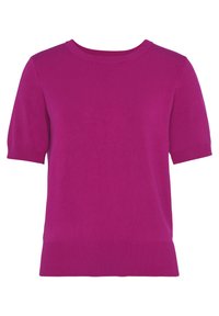 Korte mouwen trui in levendig magenta, gemaakt van zacht breigoed. Heeft een ronde halslijn en een geribde zoom met een gladde textuur.