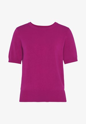 Korte mouwen trui in levendig magenta, gemaakt van zacht breigoed. Heeft een ronde halslijn en een geribde zoom met een gladde textuur.