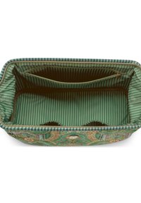 Green patterned bag interior with a zippered pocket and striped lining. Features rounded edges and a spacious compartment.