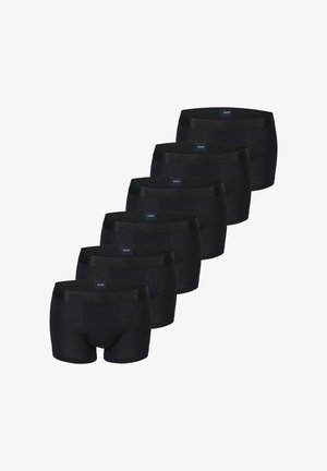 Schwarze Boxershorts mit elastischem Bund, glatter Textur und klassischem Design. Sechs Paare nebeneinander angeordnet, zeigen ein einheitliches Stilbild.