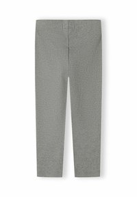 Ljusgrå ribbad stickad leggings med elastiskt midjeband, utlagda på en vit bakgrund.
