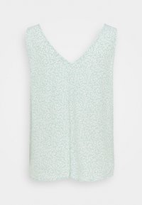 Light green sleeveless top with a V-neck, featuring a white leaf pattern, smooth texture, and a relaxed fit at the hem.