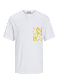 Hvid kortærmet t-shirt lavet af bomuld, med en gul mønstret brystlomme med bladdesigns. Regular fit og rund hals.