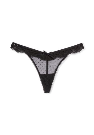 Zwarte kanten string met stippenmesh, geschulpte randen en een klein strikje aan de voorzijde van de tailleband.