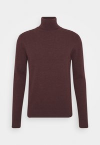 Burgundy turtleneck tröja, mjukt stickat tyg, åtsittande design, långa ärmar, sömlös halsringning, ribbad mudd och nederkant.