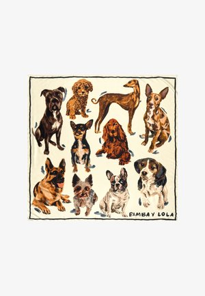 Eine cremefarbene Decke mit Illustrationen von neun Hunden in verschiedenen Rassen und Farben, mit kräftigen Umrissen und einem schwarzen Rand.