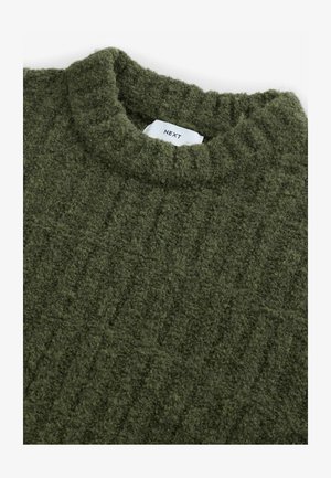 Green knitted sweater with a high neck, textured surface, and subtle vertical ribbing. Features a sewn-in label at the neckline.