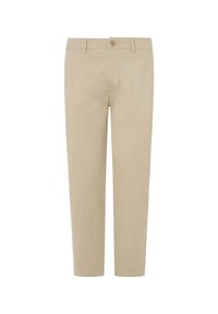 Chino khaki in cotone, con taglio dritto, tasche frontali e chiusura a bottone. Tessuto liscio con una finitura pulita.