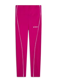 Leggings roses ajustés avec des rayures blanches sur les côtés. Conçus avec une texture lisse et un logo de marque sur la hanche gauche.